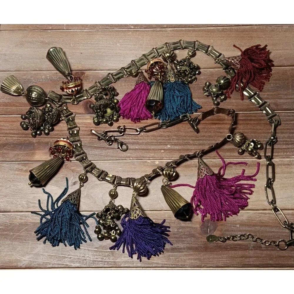 Belt Asian Inspired Brass Dangle Bobble Charms & Tassels Hari Krishna Style 34" - Picture 8 of 9